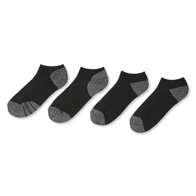 Athletic Works Men's Low Cut Socks 4-Pack with four pairs of black rib knit ankle socks featuring grey contrast toes and heels, made of 99% polyester and 1% spandex, stretch fit for shoe sizes 7-11, suitable for low-cut shoes and casual or light athletic use.