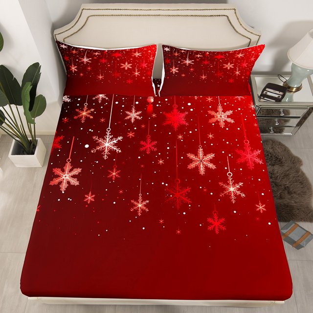 YST Draps de Lit de Noël Rouges pour Enfants, Drap-Housse à Imprimé Flocons de Neige Format Double, Literie Joyeux Noël Bonne Année Drap, Housse de Lit Saisons d'Hiver (Poche Profonde)