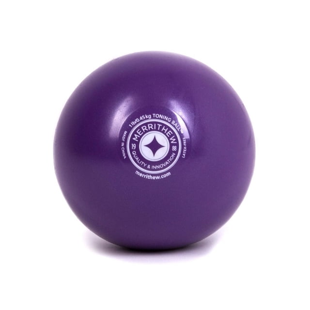 STOTT PILATES Toning Ball (Purple) in a centered front view, a smooth, solid purple 1 lb (0.45 kg) exercise ball with the Merrithew logo and product details in white, ideal for Pilates, barre, and interval workouts to increase toning intensity and muscle strength.
