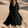thumbnail image 1 of Meichang Robe Maxi en Lin pour Femme Coupe Ample Col en V Manches Lanterne Mi-Longues Robe d'Été Fluide Swing Ourlet à Volants Robes de Plage Vacances Robes Longues Décontractées, 1 of 6