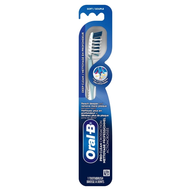 Oral-B Pro-Health All in One Toothbrush, Soft, in blue and white packaging showing the toothbrush with angled CrossAction bristles and a tongue cleaner, designed to remove plaque from hard-to-reach areas between teeth for effective manual oral care.