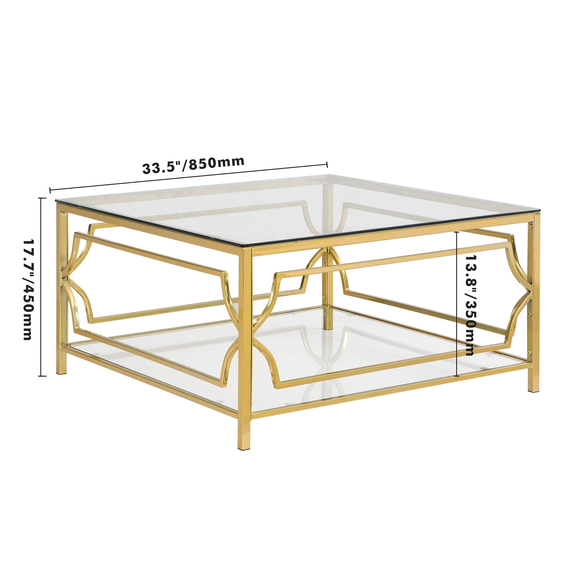 Table basse carrée en verre trempé Noble House 85 cm, transparente et dorée