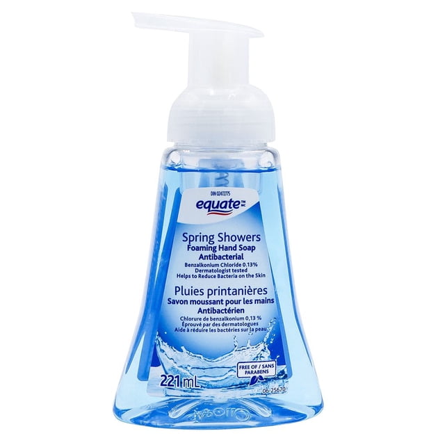 Equate Spring Showers Antibacterial Foaming Hand Soap, 221 ml, clear plastic pump bottle containing blue antibacterial foaming soap with benzalkonium chloride 0.13%, paraben-free formula that reduces bacteria on skin, suitable for bathroom or kitchen use and often used for quick hand germ removal.