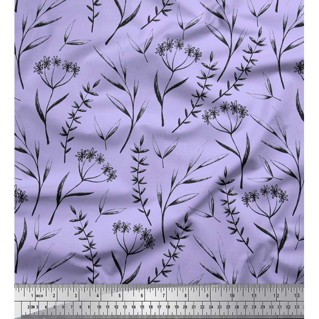 Soimoi Purple Velvet Fabric Flower Leaves Print Sewing Fabric Yard 60 Inch Wide