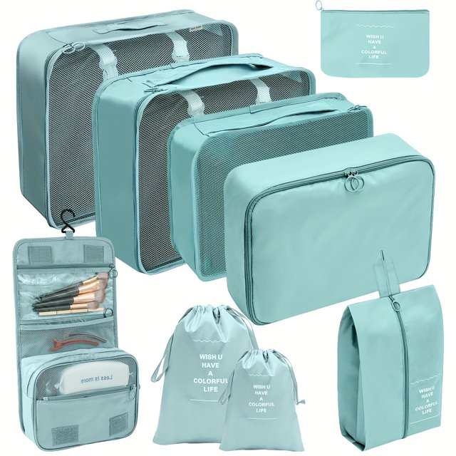 YOPTOP 9-Piece Set of Large Capacity Travel Pack Cubes Lightweight Travel Luggage Organizers - Portable Clothes Storage Bags - Easygoing Casual Travel Bags - Made of Polyester,Lake blue 9 pieces