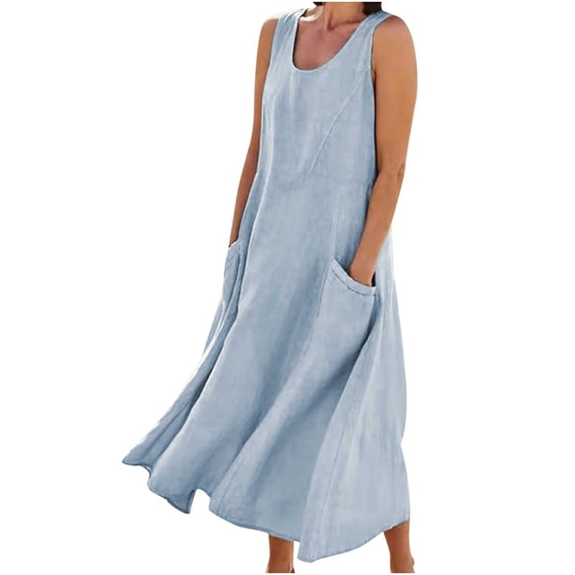 Robe Longue d'Été Sans Manches en Coton et Lin pour Femmes, Encolure Dégagée, Décontractée, Fluide, Ample, Maxi, avec Poche, pour Plage et Vacances