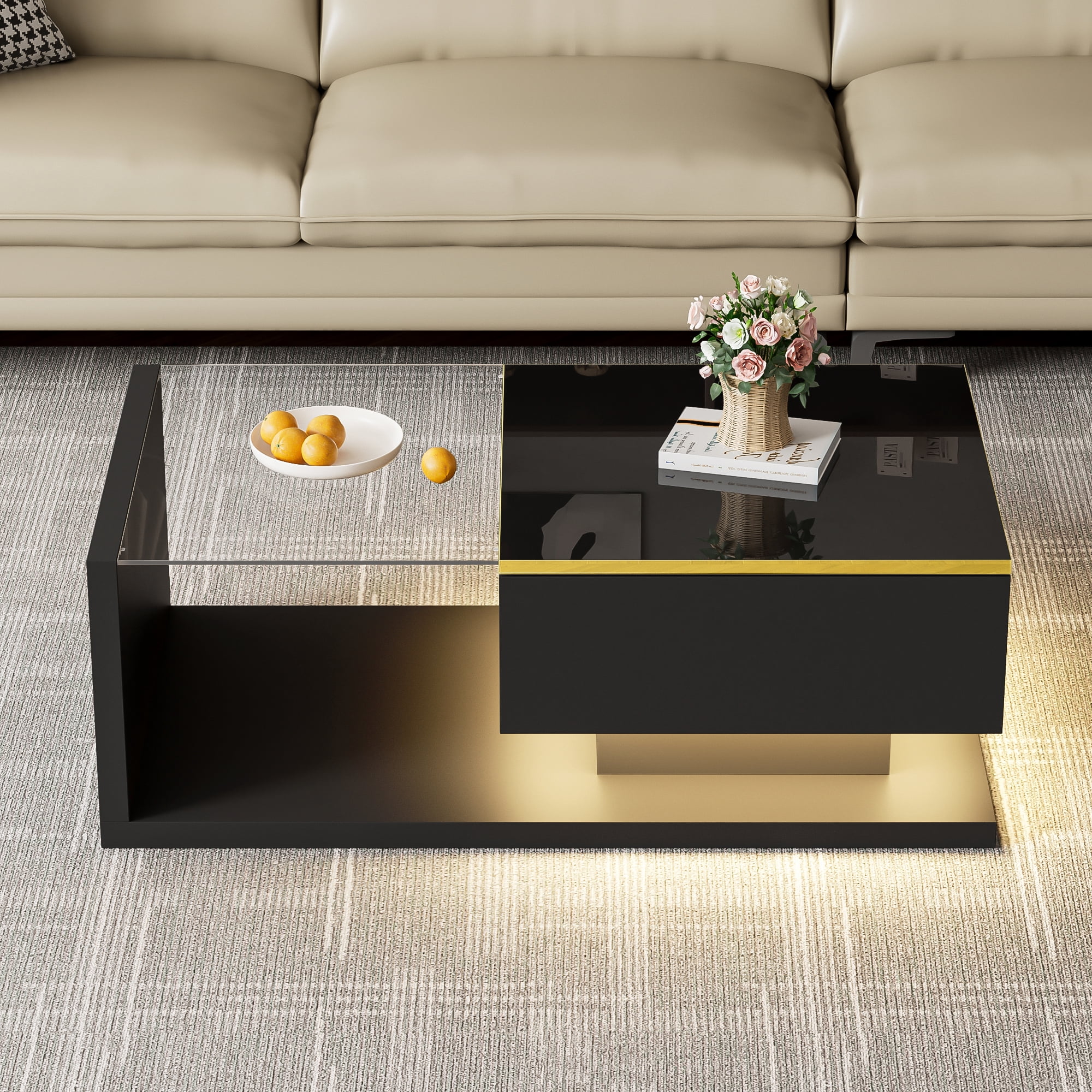 Noble House 39.4" High-Gloss Black Coffee Table, Tempered Glass with Dimmable LED, Storage Compartment & Open Shelves,Black