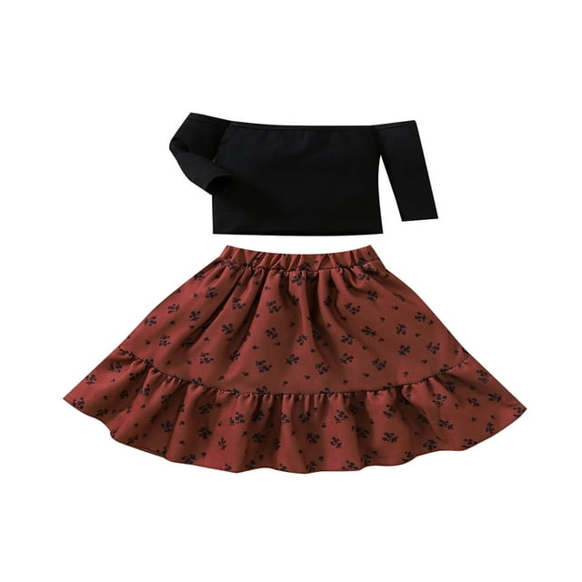 Little Girls 2PCS Skirt Outfits Long Sleeve Plain Off-Shoulder Tops Floral Patterns Ruffle Hem High Waist Long Skirt