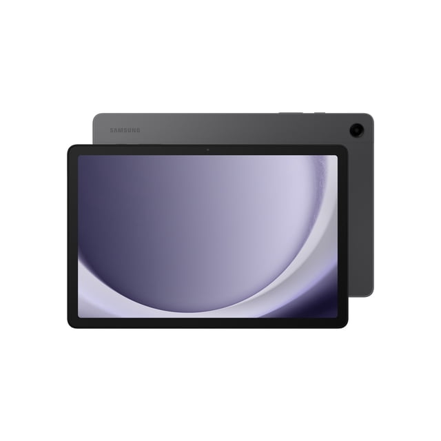 Samsung Galaxy Tab A9+ 4+64GB tablet with an 11-inch bright screen showing a purple gradient wallpaper, slim grey body with rear camera on the top right, and Samsung branding on the back, suitable for family use and multitasking.