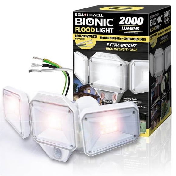 Bell + Howell Bionic Flood Light 2000 Lumens, Hardwired Motion Sensor Outdoor Light, Dusk to Dawn, Adjustable Panels, White