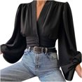 thumbnail image 4 of CEHVOM Women Spring Casual Solid V Neck Lantern Long Sleeve Buttons Pullover Blouse Shirt Draw Back Short Tops, 4 of 7