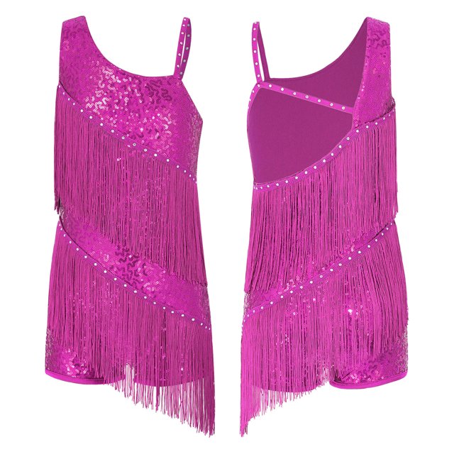 Mufeng Vêtements de Danse Latine Rumba pour Grandes Filles Concours de Tango Moderne Justaucorps Jazz à Franges Robe de Danse Rose Vif 8
