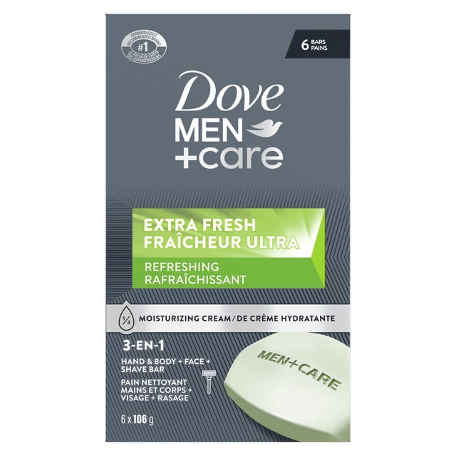 Dove Men+Care Savon en Barre Rafraîchissant Extra Frais, Emballage Contenant six Barres de 106 g avec Formule Crème Hydratante 3-en-1 pour les Mains, le Corps, le Visage et le Rasage, Affiché sur une Boîte Grise et Verte avec Texte Bilingue Anglais et Français.