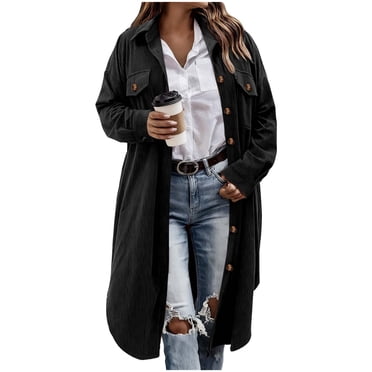 fatyb Women's Long Corduroy Shirts Button down Collared Shacket Long Sleeve Casual Loose Outerwear