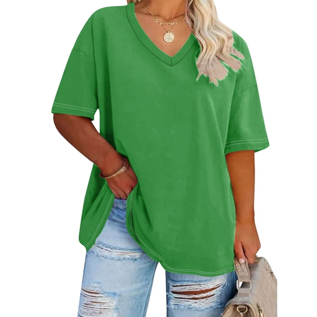 Jsaierl Womens Plus Size Loose Casual Tops Solid Color Summer V Neck T-Shirts Daily Simple Short Sleeve Blouses