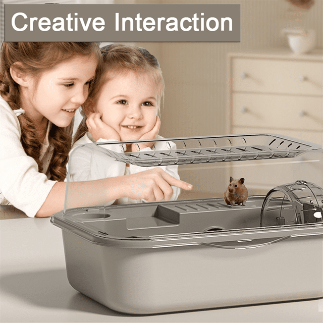 Hamster Cage Cage Hamster Cage Castle Large Space Cage Hamster Box made of durable plastic, shown in a neutral color. The portable design features a spacious interior with a removable lid, a water bottle holder, and a small exercise wheel. Ideal for traveling with small pets like hamsters, providing comfort and convenience. The image also includes a hamster inside the cage and two children interacting with it in a home setting.
