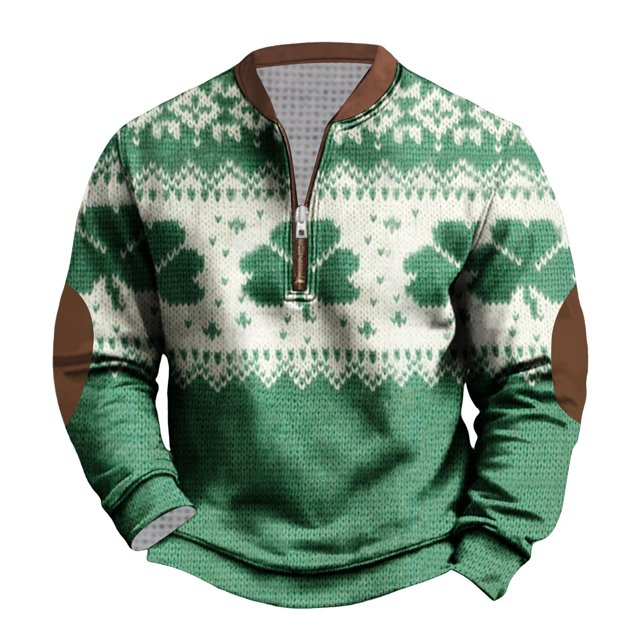 Penkiiy St Patricks Day Shamrock Patch Chest Print 1/4 Zip Sweatshirt 2XL Multicolor