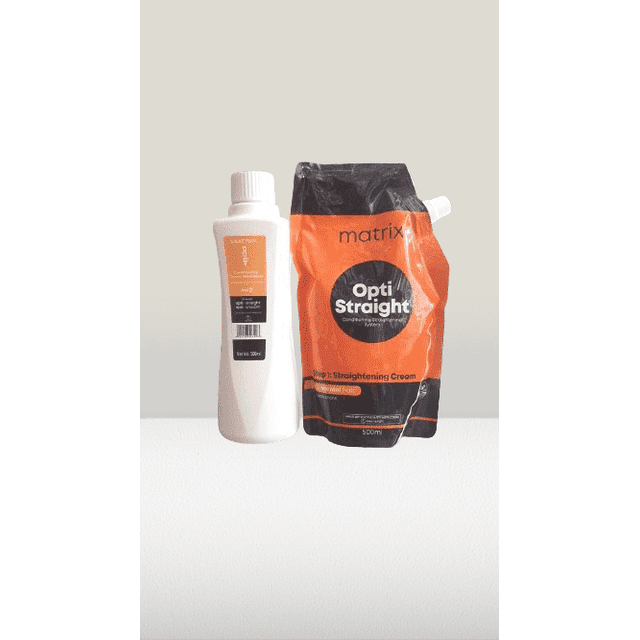 Matrix Hair Straightening Cream for Normal Hair 500ml and Neutralizer Neutralizing Cream 500ml. The image features a white bottle labeled 'Neutralizer' and an orange and black pouch labeled 'Opti. Straight' for step 1 straightening cream. Ideal for achieving natural-looking straight hair, this hair styling cream promotes optimal hair health and shine.