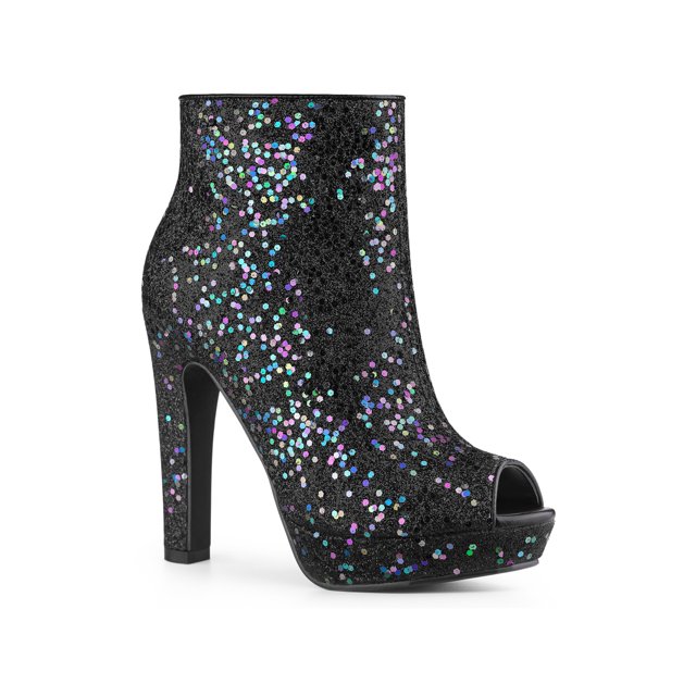 Unique Bargains Bottines à Talon Épais à Plateforme Pailletées pour Femme Noires (Taille 7)