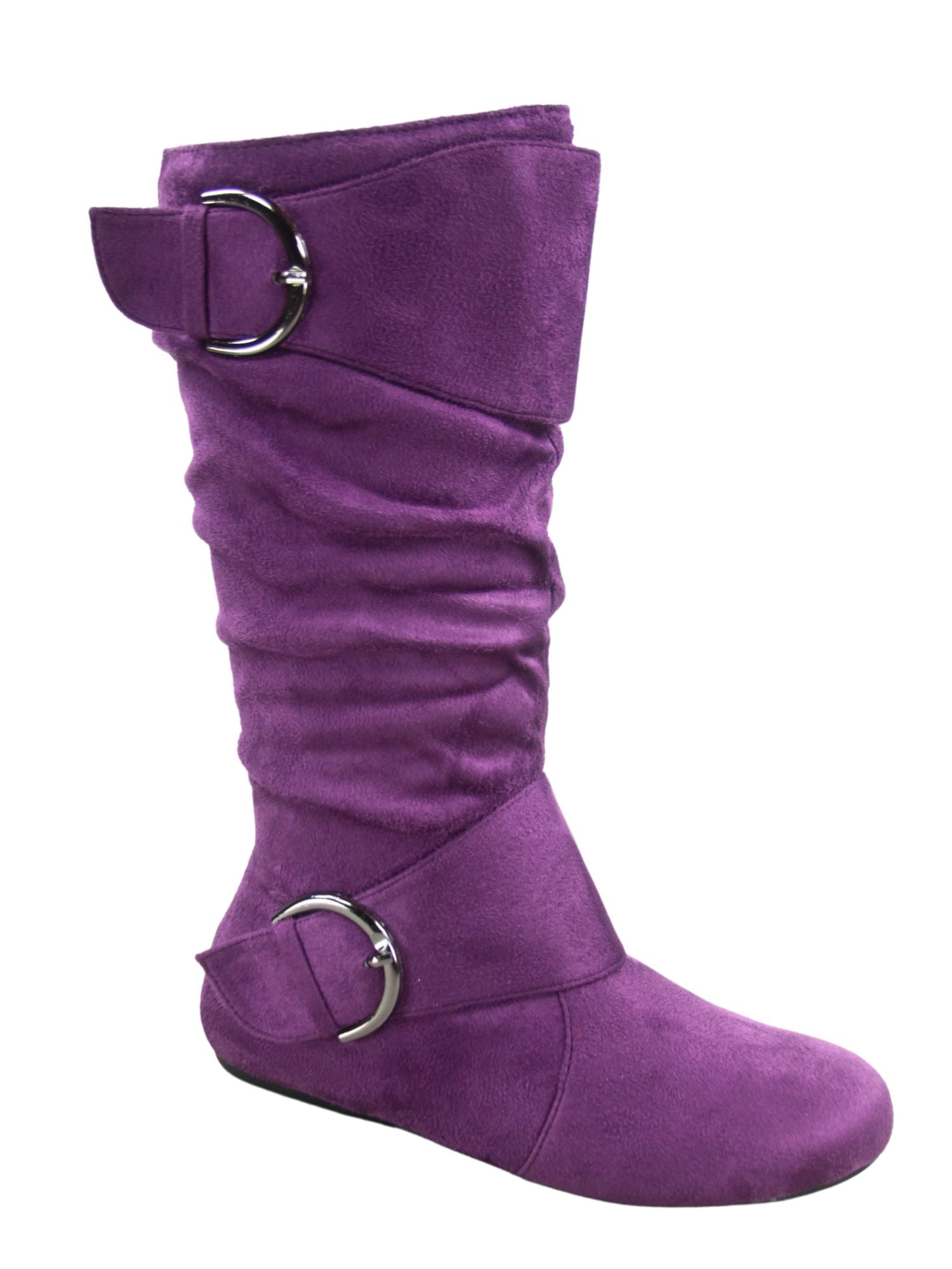 Bottes Mi-Mollet à Bout Rond pour Femmes Zone 70, Confort, Fermeture Éclair, Boucle, Style Plissé Décontracté, Talon Plat ( Violet, 10)