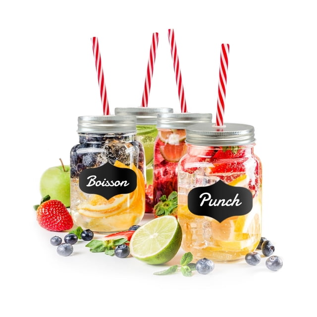 JS Gourmet - Ensemble de 4 Verres en Pot Mason, Couvercle et Paille Inclus