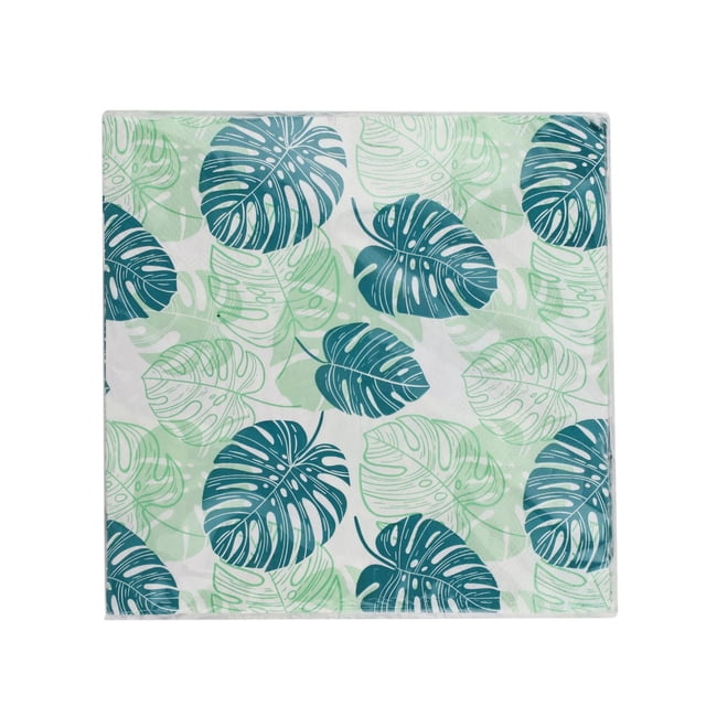 S 18 LUNCH NAPKIN-LE avec 18 Serviettes en Papier Jetables Mesurant 6,5 par 6,5 Pouces Pliées, avec des Motifs de Feuilles Tropicales Sarcelle et Vert Pâle sur Blanc, Idéal pour un Usage Domestique et pour Améliorer les Réglages de table de Fête.