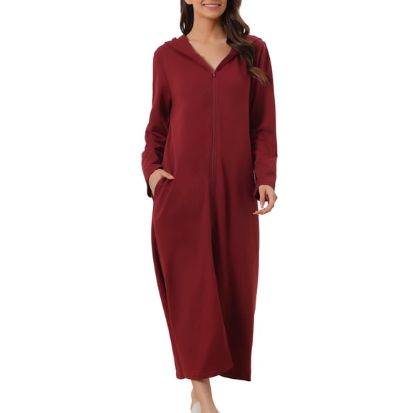 INSPIRE CHIC Women's Zip Up Nightgowns Long House Robe Long Sleeve Hooded Sweatshirt Loungewear with Pockets L Red