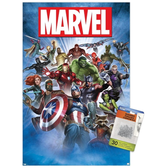 Marvel Comics - Group Shot Wall Poster, 22.375" x 34" featuring a glossy print of Marvel superheroes including Captain America with shield, Iron Man, Hulk, Thor with hammer, Black Widow, Star-Lord, Rocket Raccoon, Groot, Spider-Man, Hawkeye, and War Machine posed dynamically on a blue radiant background, ideal for decorating bedrooms, offices, or dorms with included clear pushpins for easy, damage-free hanging.