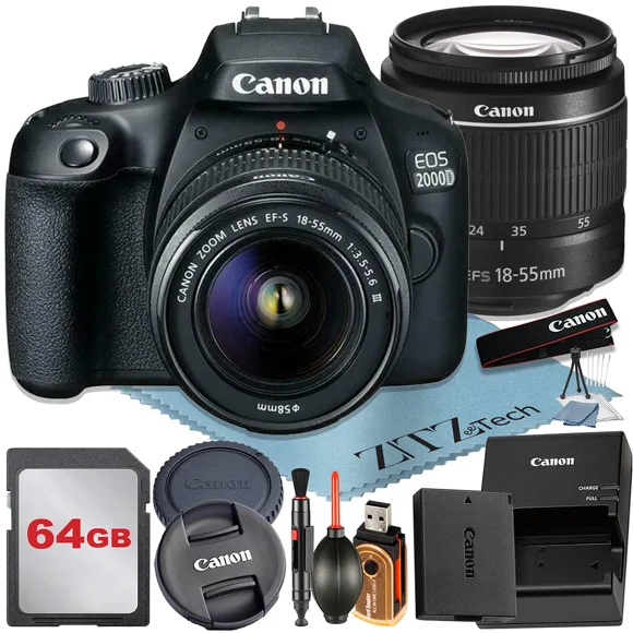 Canon EOS 2000D / Rebel T7 DSLR Camera 24.1MP CMOS Sensor with EF-S 18-55mm Zoom Lens + 64GB Memory Card + ZeeTech Accessory Bundle