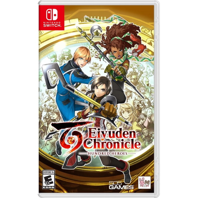 Eiyuden Chronicle: Hundred Heroes Nintendo Switch game cover featuring three central characters wielding weapons in dynamic poses, set within a golden circular frame with numerous smaller character illustrations in the background, including the Nintendo Switch logo top left and 505 Games branding bottom right.