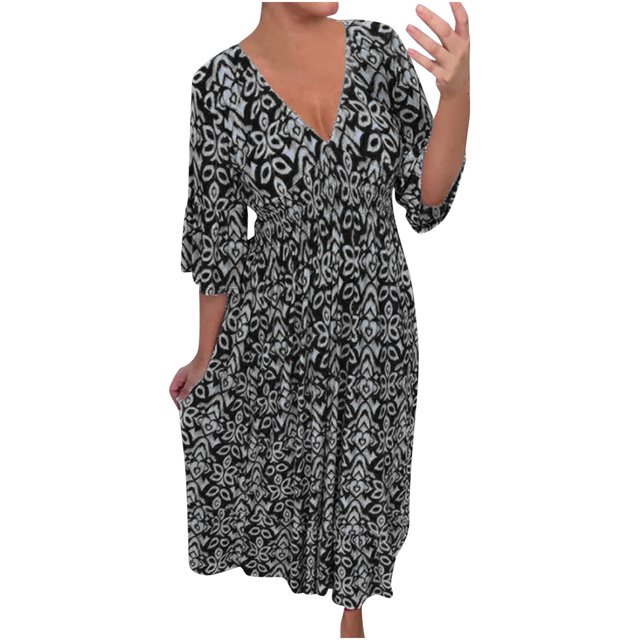 JIRNDf Robes Maxi d'Été pour Femmes Tendance à Imprimé Floral, par-Dessus, Col en V, Sans Manches, Robes d'Été pour Femmes, Robe Bohème, Noir, TG