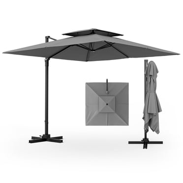 Gymax Parasol Déporté Carré de Patio 9,5 Pi à Double Évent 360° Robuste Gris