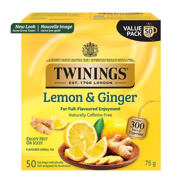 Twinings Lemon & Ginger Herbal Tea Bags, Lively & Spicy, Naturally Caffeine Free, 50 Count