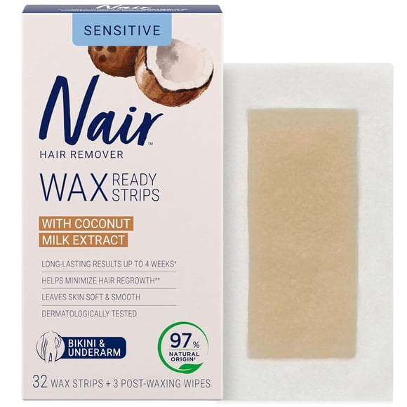 Nair – Bandes de cire prêtes pour la zone du bikini et les aisselles avec huile de lait de coco, 32 bandes + 3 lingettes de finition