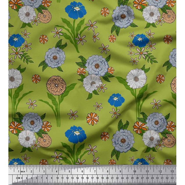 Soimoi Polyester Crepe Fabric Leaves & Carnation Floral Print Fabric by Yard 42 Inch Wide