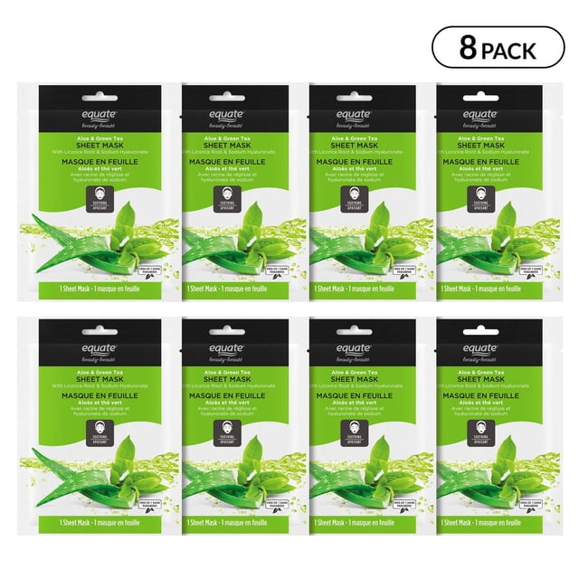 Equate Masque en Feuille d'Aloès et de Thé Vert 8 Paquets Comprenant Huit Sachets Verts et Blancs Arrangés en Deux Rangées, Chaque Sachet Affichant des Graphiques d'Aloès et de Feuilles de Thé Vert avec Texte Mettant en Valeur des Bienfaits Apaisants et Hydratants pour les Soins du Visage et de la Peau.