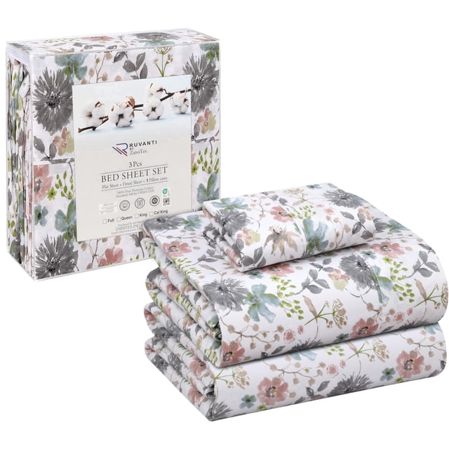 RUVANTI Draps 100 % Coton – Parure de Lit en Percale pour Lit Simple, Motif Floral Rafraîchissant et Respirant, Résistants et d'Une Douceur et d'Un Confort Exceptionnels, Bonnet de 40 cm, Ensemble 3 Pcs, Motif Pissenlit.