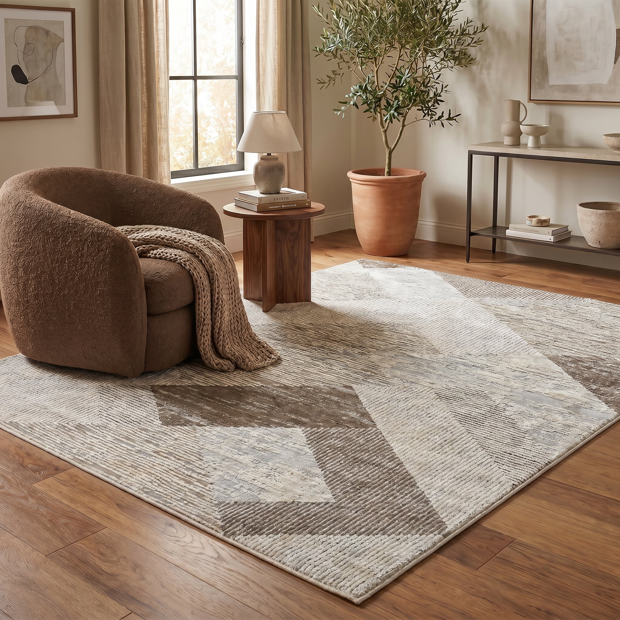 Tapis d'interieur abstrait Rug Branch Nomad, beige marron, moderne - Salon, chambre, salle a manger et cuisine