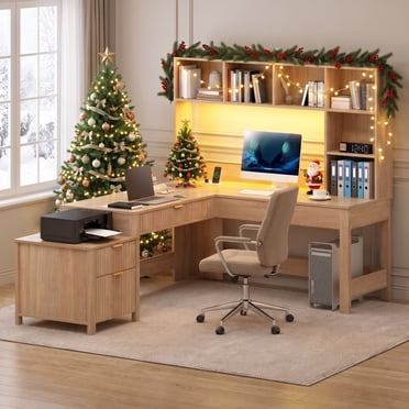 DEXTRUS L-Shaped Computer Desk with Hutch 67inch Large Home Office Desk Executive Desk with Drawers & File Cabinet, Brown
