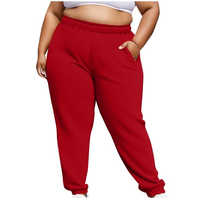 Women's Plus Size Pants High Waisted Drawstring Solid Color Sweatpants Elastic Taper Leg Lounge Joggers Pant Red XXXL