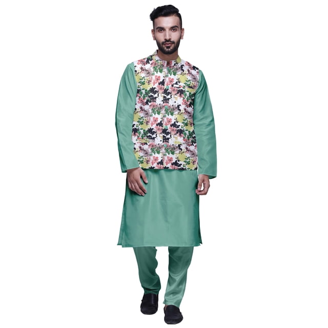 Atasi Mandarin Collar Traditional Solid Kurta Pajama With Printed Jacket Set