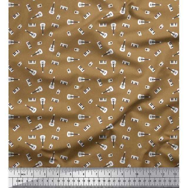 Soimoi Crepe Silk Fabric Radio Transistor,Guitar & Piano Musical Instrument Fabric Prints by Yard 42 Inch Wide