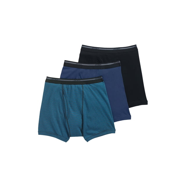 Jockey Men's Lightweight Classic 5" Boxer Brief - 3 Pack featuring full-rise and full-coverage design. Includes three boxer briefs in assorted colors: black, navy blue, and blue with black stripes. Made from 100% cotton with a 5-inch inseam, key-hole fly, and soft waistband for comfort. Enhanced with Staycool+ technology for moisture-wicking and StayNew technology for durability. Machine washable.