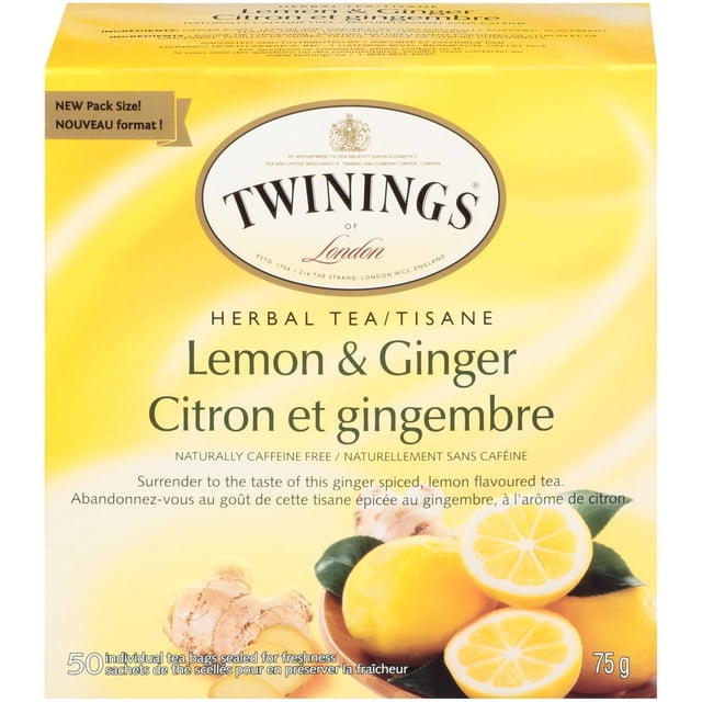 Twinings Lemon & Ginger Herbal Tea 50s box with yellow packaging featuring the Twinings logo, lemon and ginger images, containing 50 individually wrapped tea bags of naturally caffeine free herbal tea with spiced lemon flavour, 75 g net weight, ideal for hot or iced brewing.