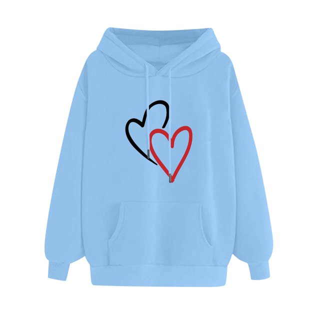 CEHVOM Women's Comfortable Sweater Heart Pattern Printed Women's Hooded Pocket Drawstring Sweater in light blue. Features a casual design with a front kangaroo pocket, long sleeves, and a drawstring hood. The sweater is made of lightweight polyester and showcases a printed heart pattern in black and red on the front. Suitable for casual occasions in autumn and spring.