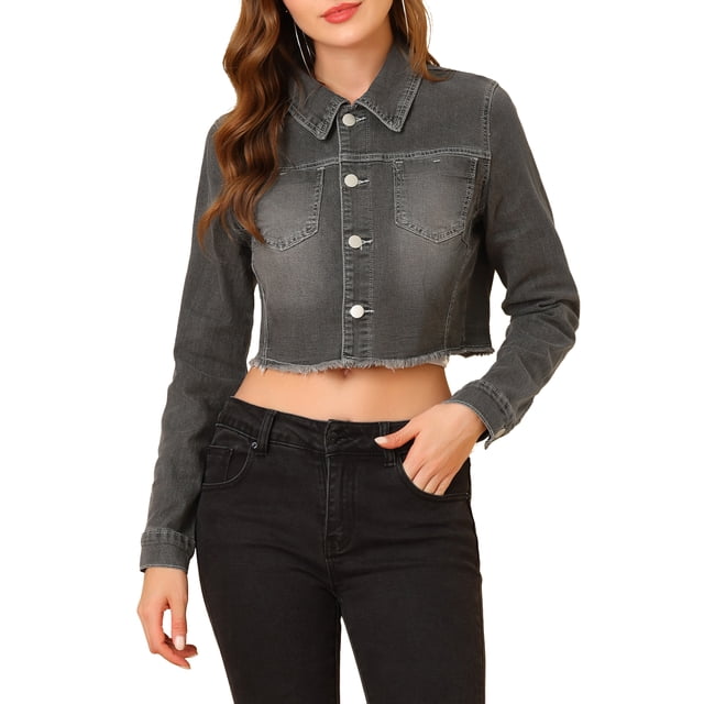 INSPIRE CHIC Veste en Denim Courte Délavée pour Femme à Col Rabattu, Effilochée, Boutonnée, Printemps Été, Gris m