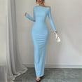 thumbnail image 3 of JGGSPWM Robe à une Épaule à Manches Longues pour Femmes Couleur Unie Froncée Sortie Nocturne Formelle Maxi Automne Invitée de Mariage Robes Bleu G, 3 of 8