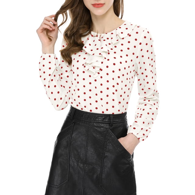 INSPIRE CHIC Blouse Chemise à Manches Longues à Col à Volants pour Femme de la Saint-Valentin G Blanc à Pois Rouges