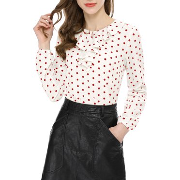 INSPIRE CHIC Blouse Chemise à Manches Longues à Col à Volants pour Femme P Blanc à Pois Rouges