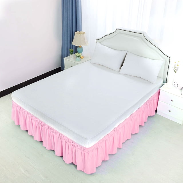 PiccoCasa Bed Skirt Polyester Elastic Wrap Around Dust Ruffle, Full Pink